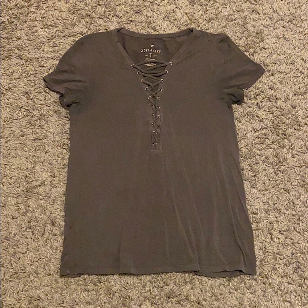 Grey American Eagle Lace-Up V-neck Shirt